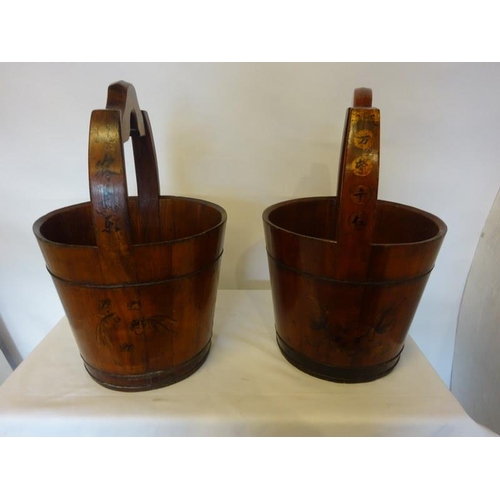 76 - Pair of decorative timber well buckets. Diameter 40cm, Height to top of handle 60cm, approx.