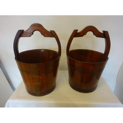 76 - Pair of decorative timber well buckets. Diameter 40cm, Height to top of handle 60cm, approx.