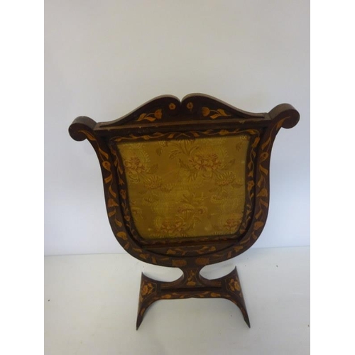 106 - Good antique mahogany and marquetry inlaid fire screen, the sliding inset with damask panel. H. 92cm... 