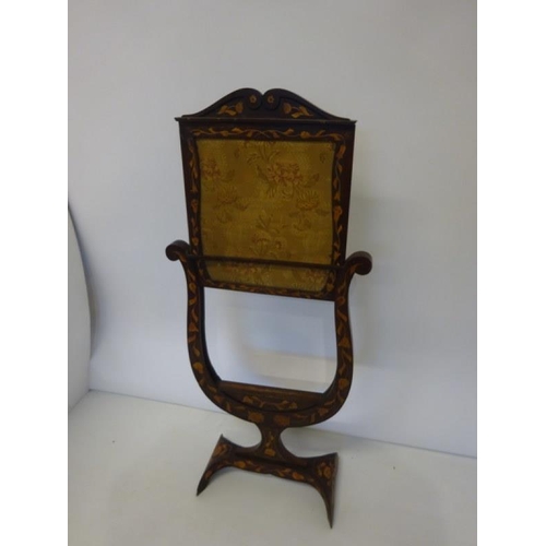 106 - Good antique mahogany and marquetry inlaid fire screen, the sliding inset with damask panel. H. 92cm... 