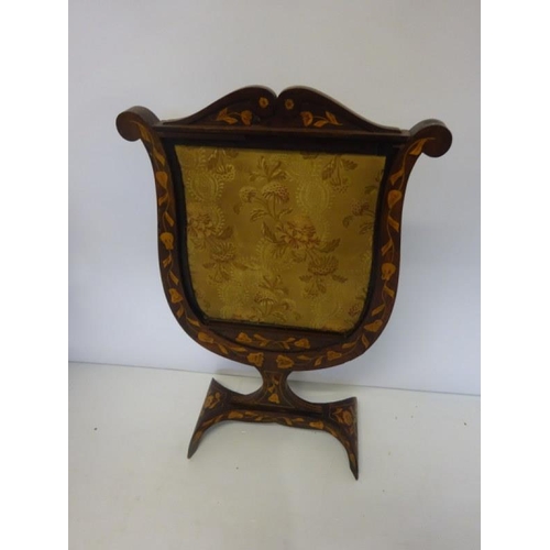 106 - Good antique mahogany and marquetry inlaid fire screen, the sliding inset with damask panel. H. 92cm... 