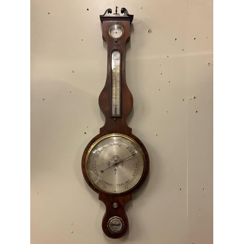 115 - Georgian mahogany banjo shaped barometer & thermometer with large circular silver dial by F. Molton,... 