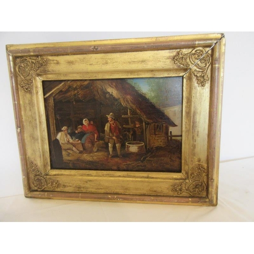 117 - 19th century school,
The Squire and other figures at the barn,
Oil on panel, 
20cm x 30cm approx.