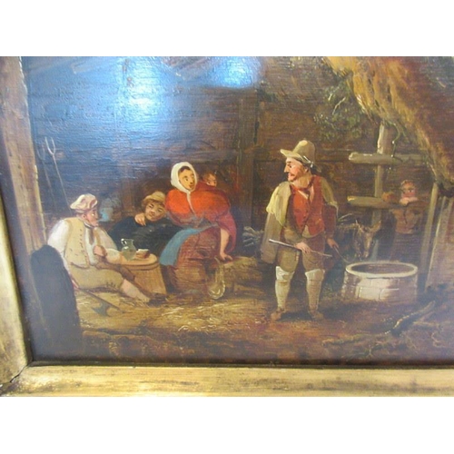 117 - 19th century school,
The Squire and other figures at the barn,
Oil on panel, 
20cm x 30cm approx.