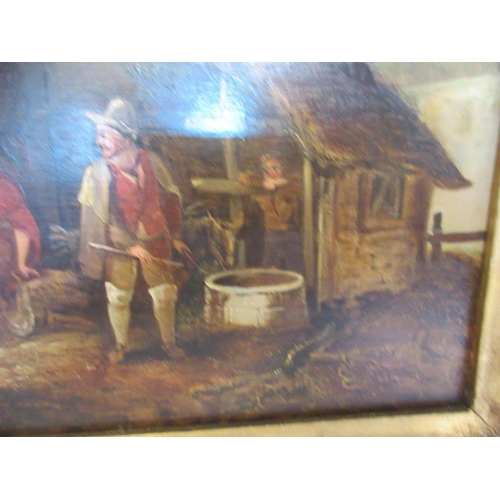 117 - 19th century school,
The Squire and other figures at the barn,
Oil on panel, 
20cm x 30cm approx.