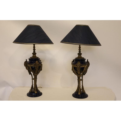 130 - Pair of antique gilded metal and blue china side lamps and shades. H. 80cm.