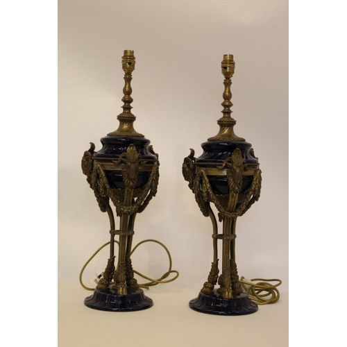 130 - Pair of antique gilded metal and blue china side lamps and shades. H. 80cm.