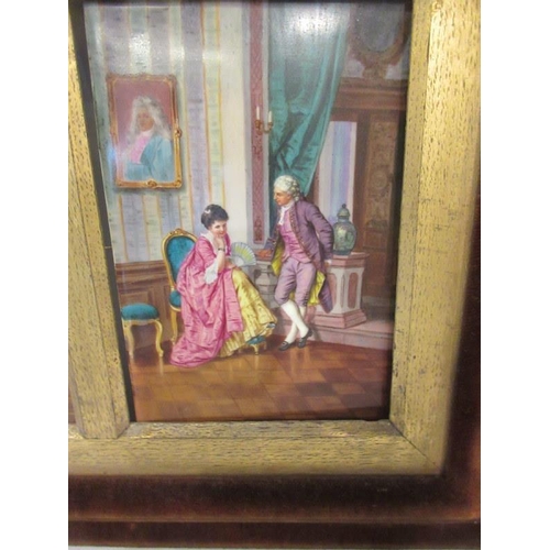 133 - Pair of 19th century German gilt framed porcelain plaques both with painted scenes of interiors with... 