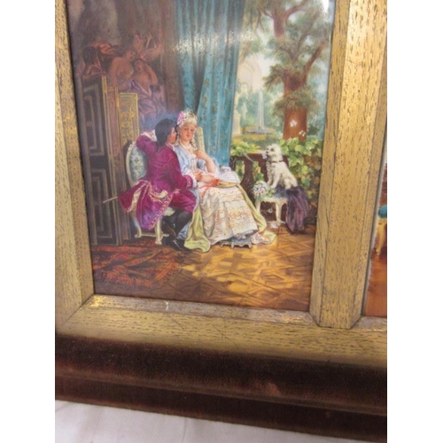 133 - Pair of 19th century German gilt framed porcelain plaques both with painted scenes of interiors with... 