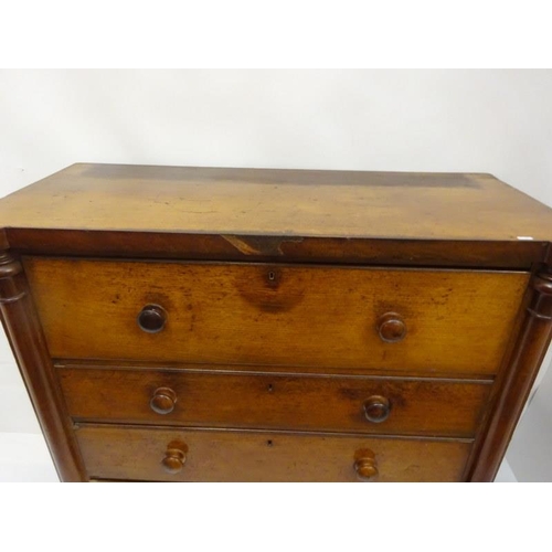 150 - Antique oak secretaire chest having side columns and raised on turned legs. W. 123cm, D. 55cm, H. 12... 