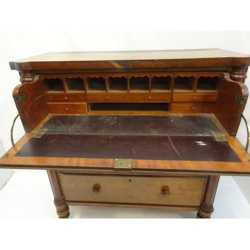 150 - Antique oak secretaire chest having side columns and raised on turned legs. W. 123cm, D. 55cm, H. 12... 