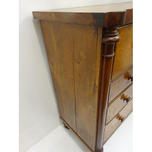 150 - Antique oak secretaire chest having side columns and raised on turned legs. W. 123cm, D. 55cm, H. 12... 