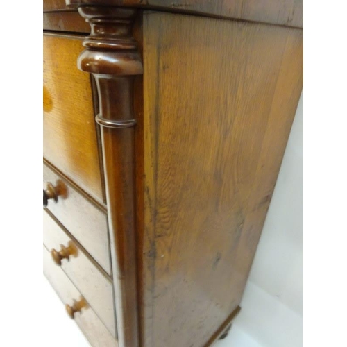 150 - Antique oak secretaire chest having side columns and raised on turned legs. W. 123cm, D. 55cm, H. 12... 