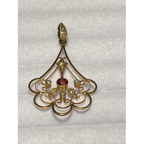 178 - 9ct gold antique pendant with seed pearls and garnet.