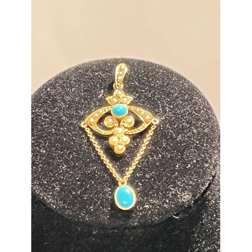 179 - Antique 15 ct gold turquoise and pearl pendant.