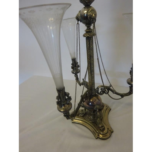 192 - Victorian silver plated table centre piece with cone shaped glass vases. (large vase slightly differ... 