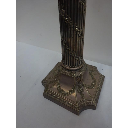 206 - A fine antique Sheffield plated tall oil lamp column, the column and shaped base decorated with swag... 