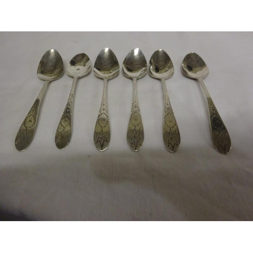 216 - A set of 6 Irish Georgian bright cut teaspoons, makers initials J.S. (possibly James Salter). Some w... 