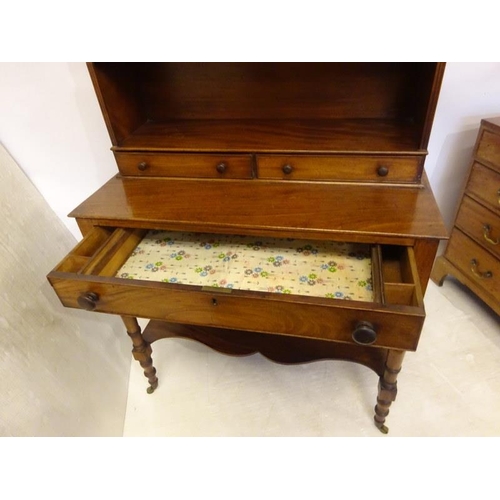 220 - A good antique mahogany desk top bookshelves fitted with five drawers and raised on ring turned legs... 