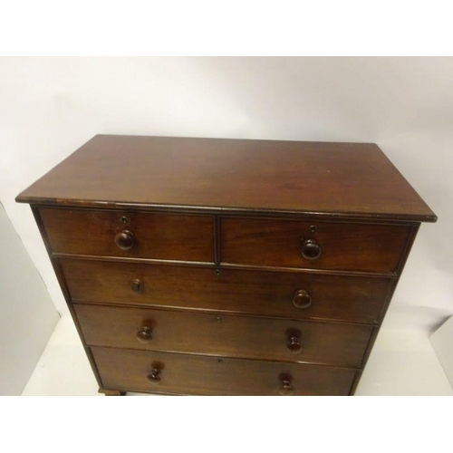 233 - Antique mahogany chest of 2 short and 3 long drawers raised on turned legs. W. 107cm, D. 50cm, H. 11... 