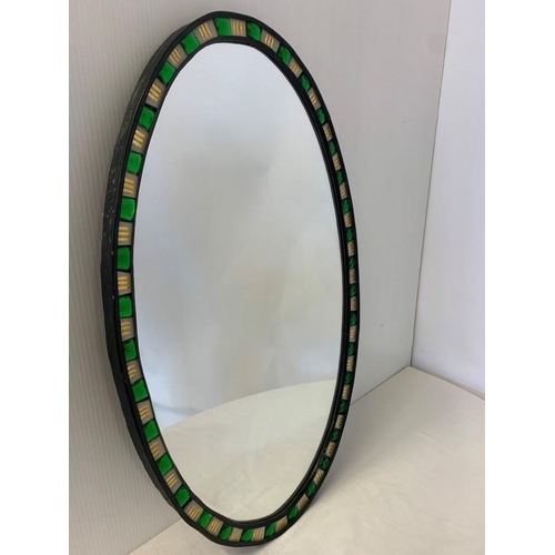 239 - Fine antique Irish oval shaped hall mirror with green and clear glass studs.