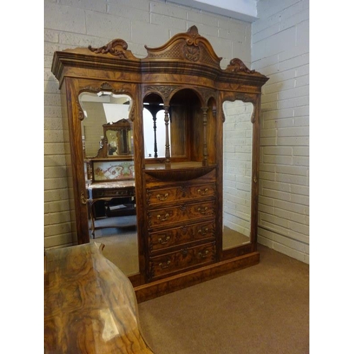 240 - A very good quality antique walnut bedroom suite comprising of a wardrobe having shaped cornice over... 