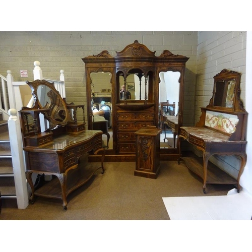 240 - A very good quality antique walnut bedroom suite comprising of a wardrobe having shaped cornice over... 