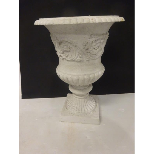 244 - Heavy cast iron garden urn on square base. (lacking handles) H. 60cm.