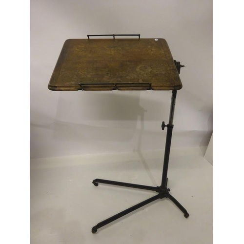 255 - An old industrial metal and mahogany tilt top writing table and chair and anglepoise lamp.