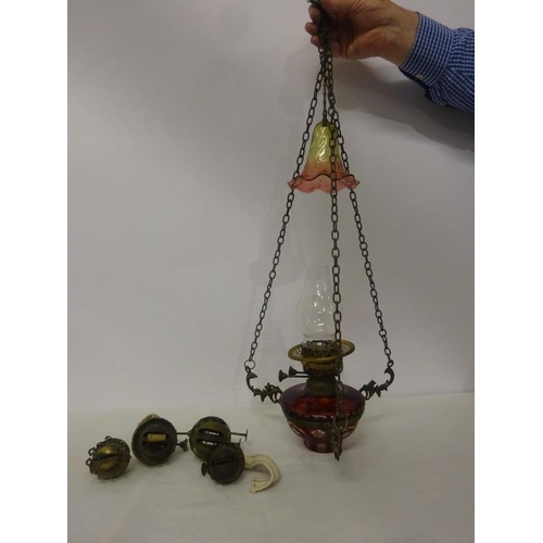 259 - Antique hanging glass glass oil lamp.