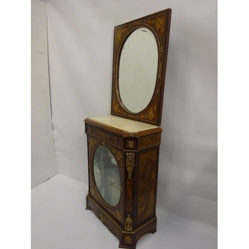 286 - A decorative inlaid walnut side cabinet and mirror back. W. 80cm, D. 40cm, overall height 200cm appr... 