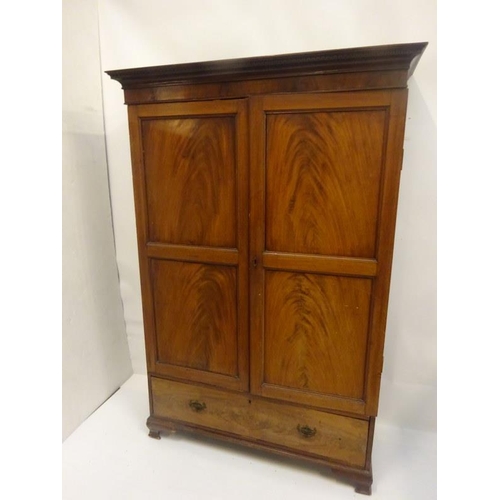 288 - Antique mahogany 2 door wardrobe, the base fitted with a drawer. W. 130cm, D. 55cm, H. 190cm approx.