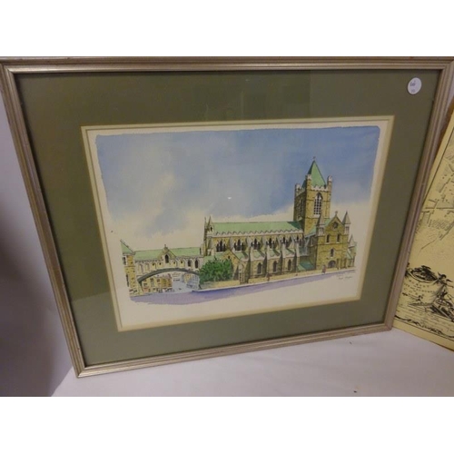 302 - Fergal Flanagan, Christchurch Cathedral, Dublin,
Watercolour together with a reprinted map of Cork c... 