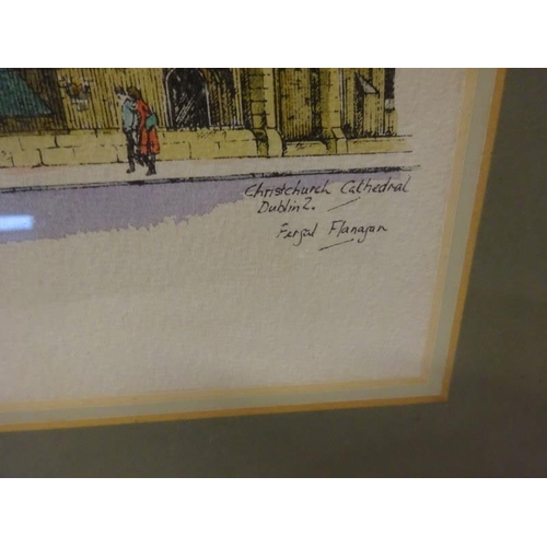 302 - Fergal Flanagan, Christchurch Cathedral, Dublin,
Watercolour together with a reprinted map of Cork c... 