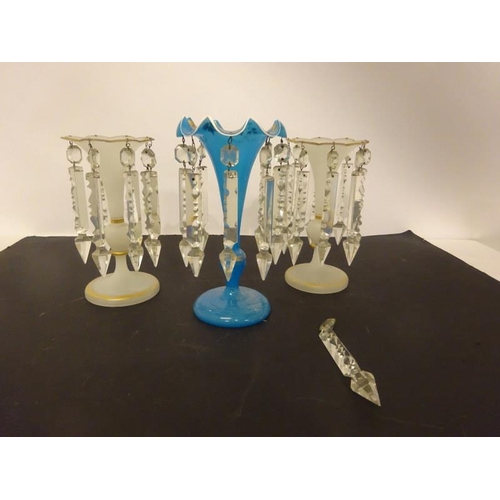 339 - A pair of old glass mantle piece lustres and a single blue glass lustre.