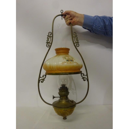 341 - Brass framed hanging oil lamp.