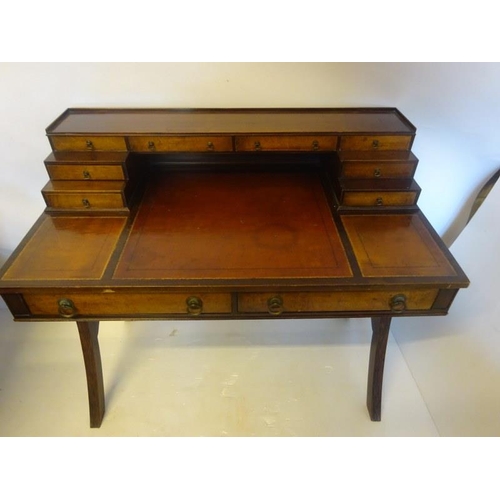 349 - Mahogany and maple wood writing desk, the rectangular shaped top fitted with drawers and leather wri... 