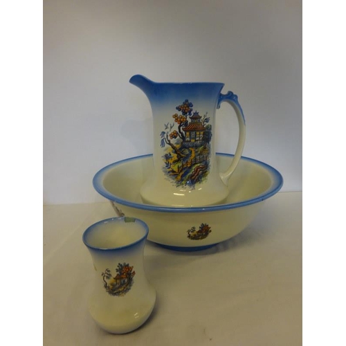 351 - Old china jug and bowl set and toothbrush holder. (3)