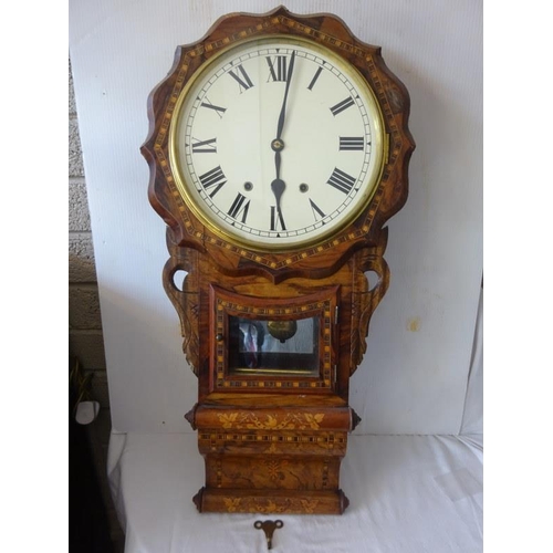 360 - Antique inlaid walnut American wall clock (recently restored in working condition).