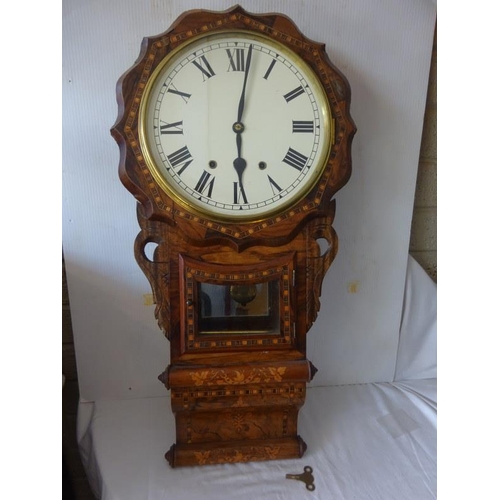 360 - Antique inlaid walnut American wall clock (recently restored in working condition).