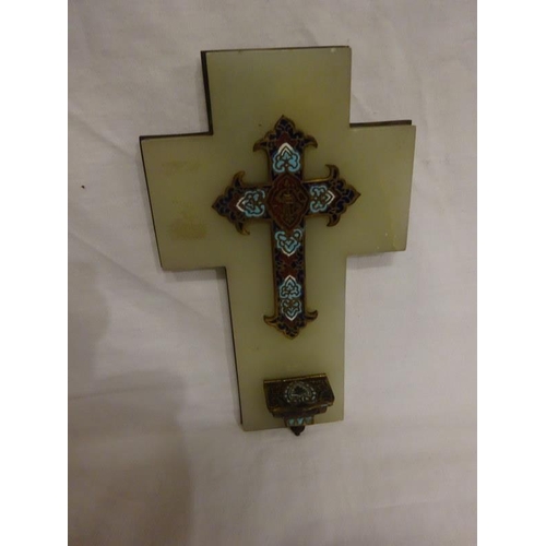 373 - Antique decorative enameled cross and water font on alabaster base. Overall size L. 20cm.