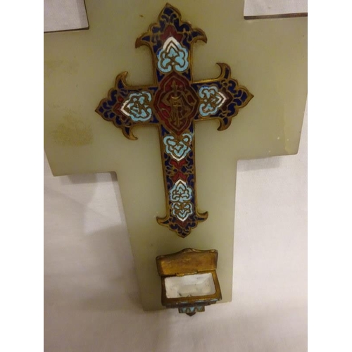 373 - Antique decorative enameled cross and water font on alabaster base. Overall size L. 20cm.