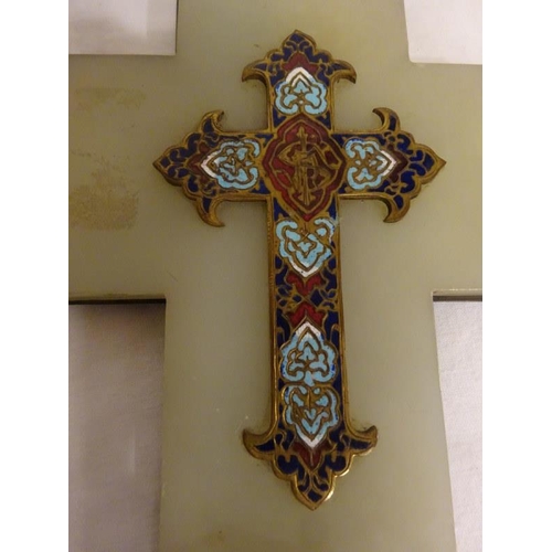 373 - Antique decorative enameled cross and water font on alabaster base. Overall size L. 20cm.