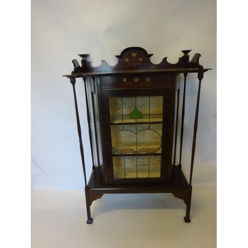 375 - An Edwardian inlaid Arts & Crafts design drawing room cabinet with leaded glass door. W. 92cm, D. 40... 