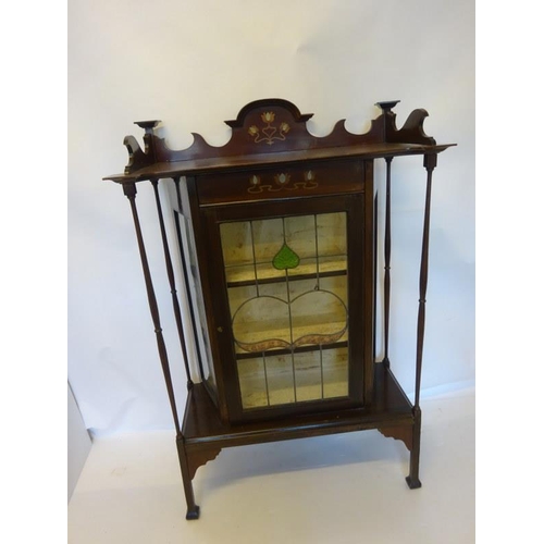 375 - An Edwardian inlaid Arts & Crafts design drawing room cabinet with leaded glass door. W. 92cm, D. 40... 