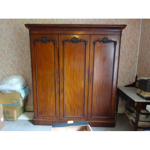 47 - Victorian mahogany 3 door wardrobe with fitted interior.  W. 180cm, H. 215cm, D. 56cm.