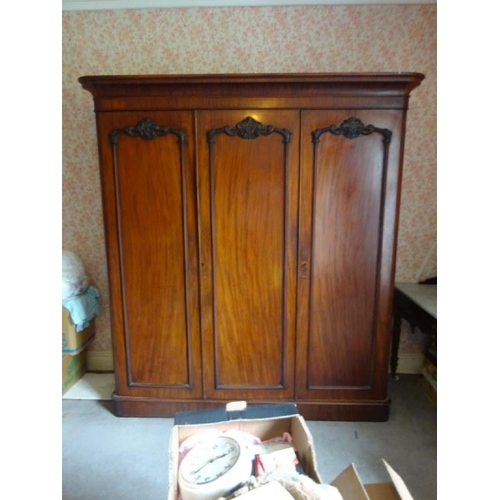 47 - Victorian mahogany 3 door wardrobe with fitted interior.  W. 180cm, H. 215cm, D. 56cm.