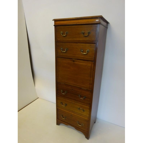 70 - Antique inlaid mahogany tall boy chest with fall front writing compartment. W. 60cm, H. 158cm, D. 43... 