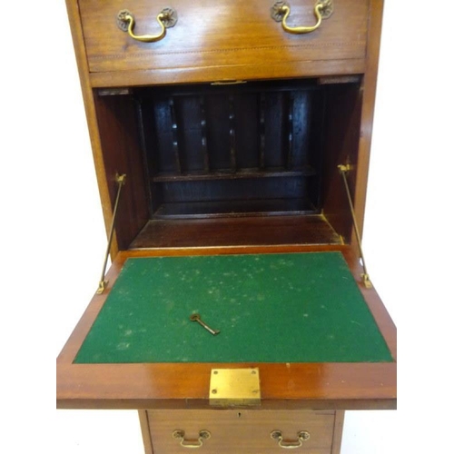 70 - Antique inlaid mahogany tall boy chest with fall front writing compartment. W. 60cm, H. 158cm, D. 43... 