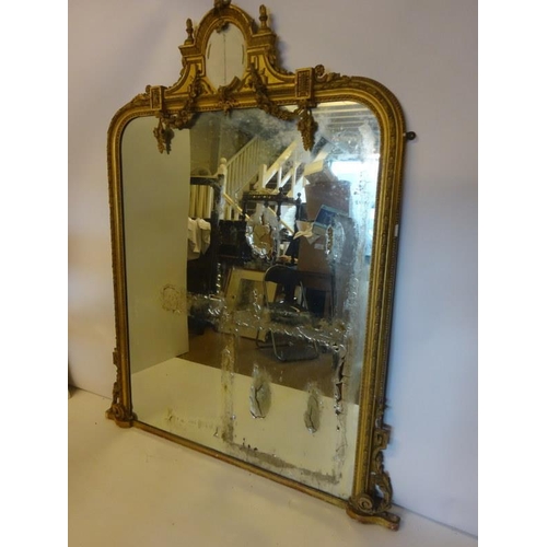 73 - Large antique gilt framed overmantle mirror, glass needs replacing and restoration required on frame... 